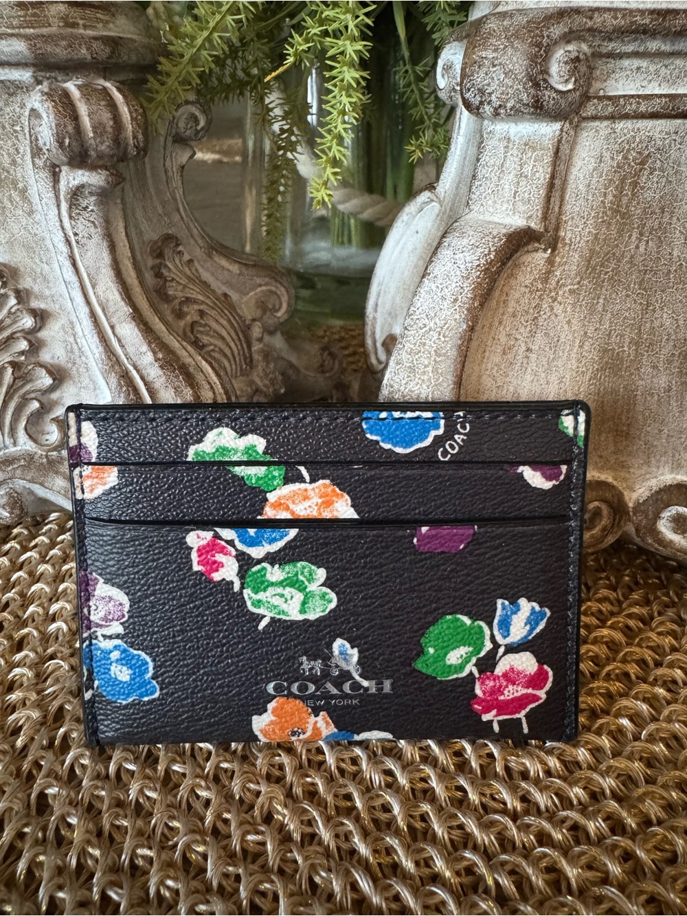 NWOT Coach Black Floral Leather Card Holder with Multicolor Blooms 🌺🌼